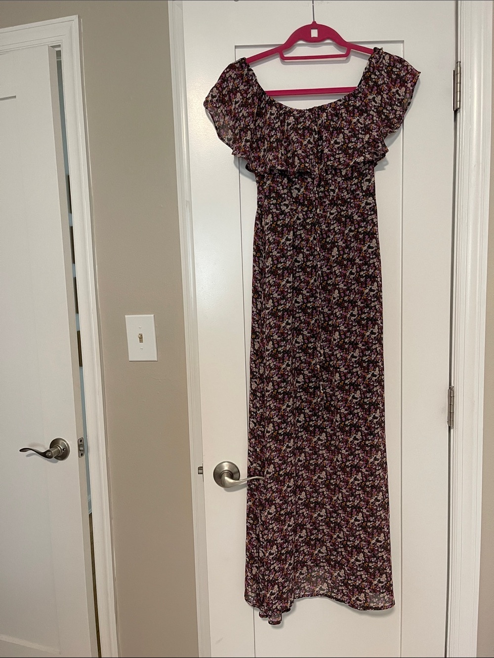 Sam Edelman Black Floral Off-Shoulder Maxi Dress with Pink Accents